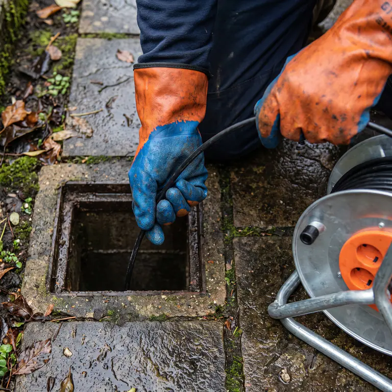 Gloved drainage engineer inspecting an outside drain with camera equipment