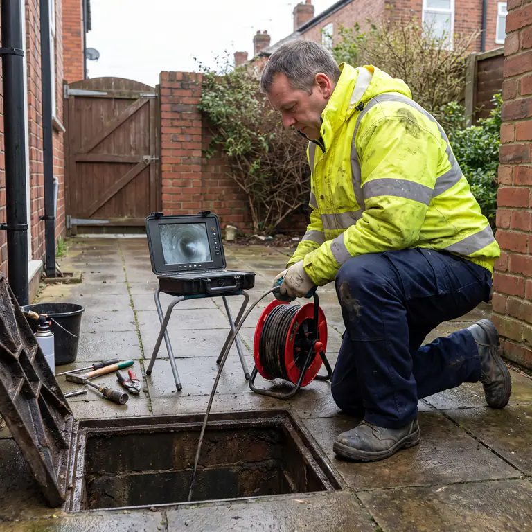 Drainage engineer carrying out a CCTV camera inspection beside an open chamber
