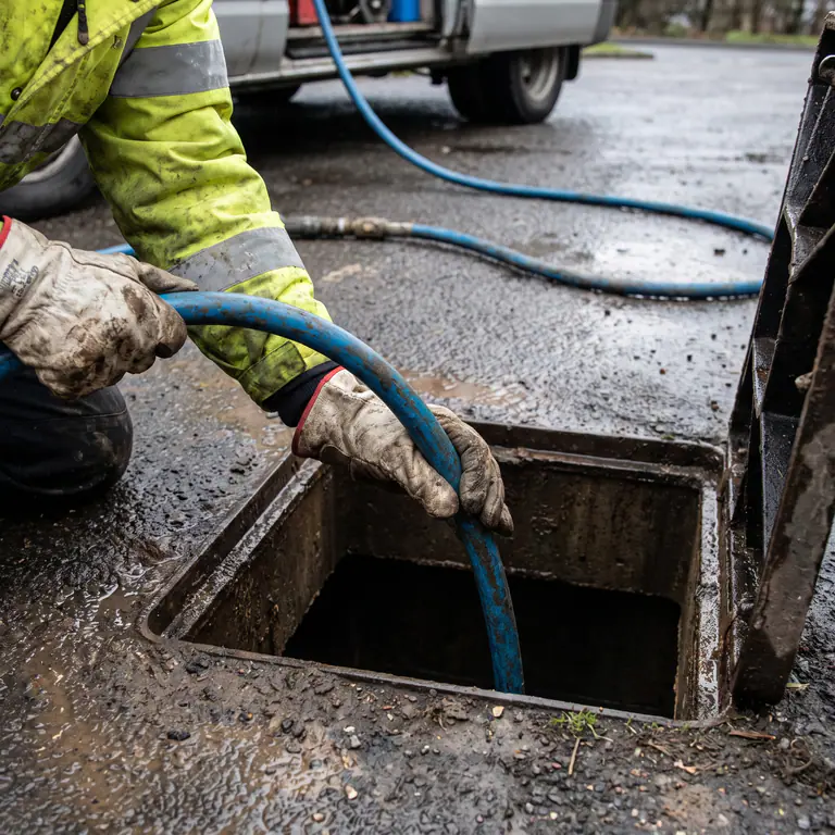 Drainage engineer feeding a water-jetting hose into an inspection chamber