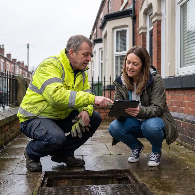 Drainage engineer explaining inspection findings to a homeowner
